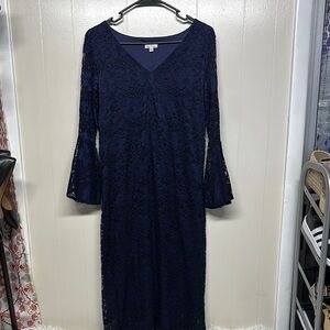 Olivia Matthews Blue Sheath Dress with Bell Sleeves and Lace